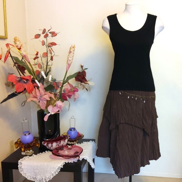 NWT Women Brown 2-Layers of Tiered Lined Elastic High Waist Asymmetrical Skirt - Picture 11 of 14